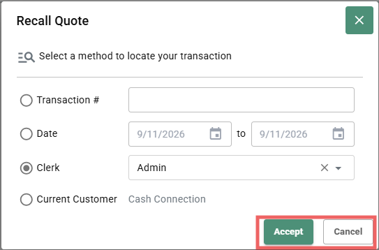 Recall Quote Search Dialog