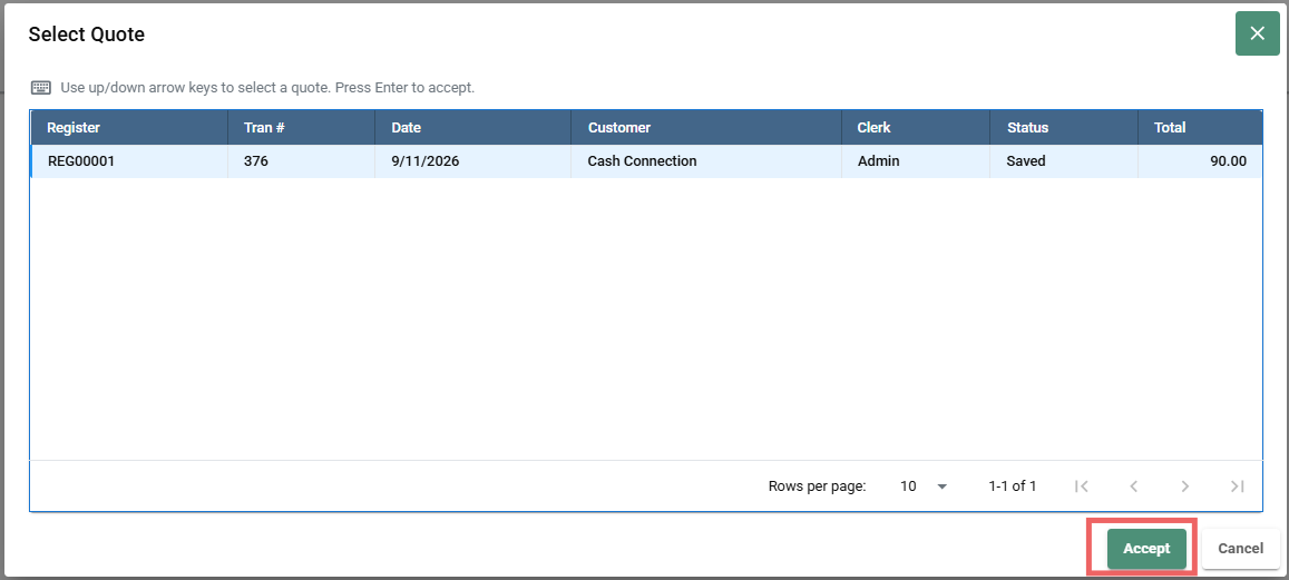 Select Quote Dialog